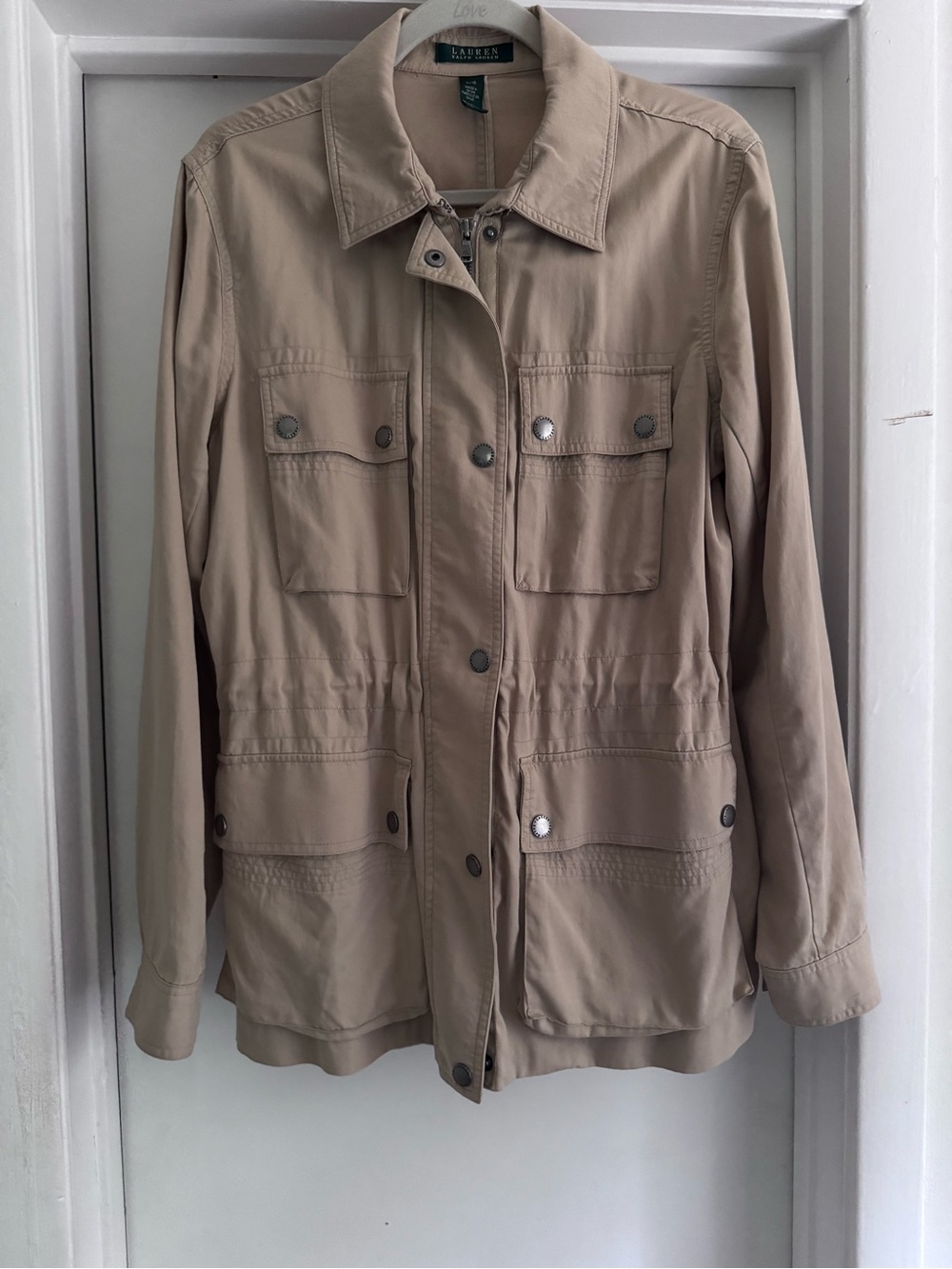 Lauren Ralph Lauren Beige Utility Jacket with Flap Pockets and Cinch Waist - Picture 5 of 5